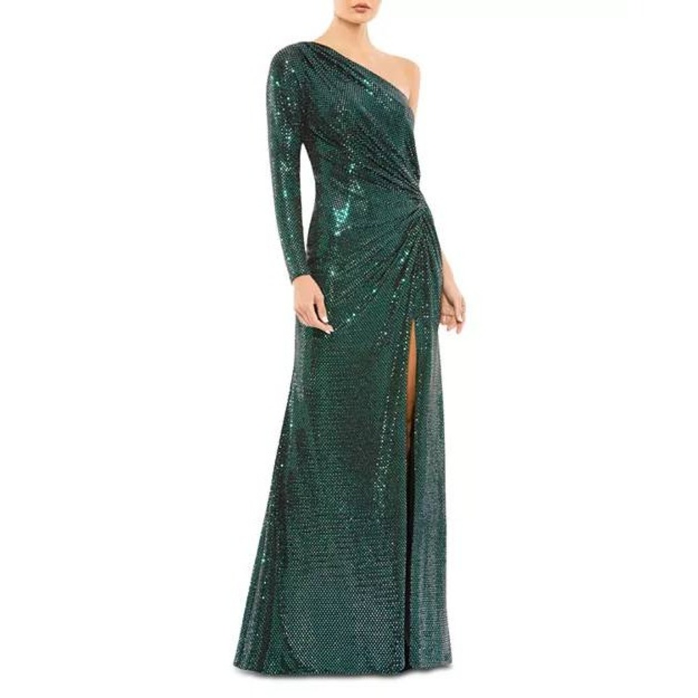 Mac Duggal Emerald Green Sequin One Shoulder Long Sleeve Gown Dress 2 NWT